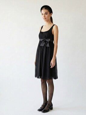 London Times Black Babydoll Dress Satin Bow Empire Waist Size 14